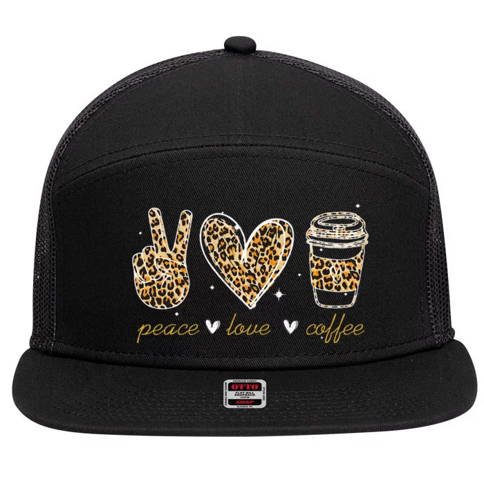 Leopard Peace Love Coffee Lovers Hippie Gifts 7 Panel Mesh Trucker Snapback Hat