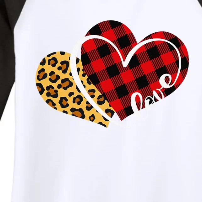 Leopard Plaid Love Heart Valentines Day For Women Teen Women's Tri-Blend 3/4-Sleeve Raglan Shirt