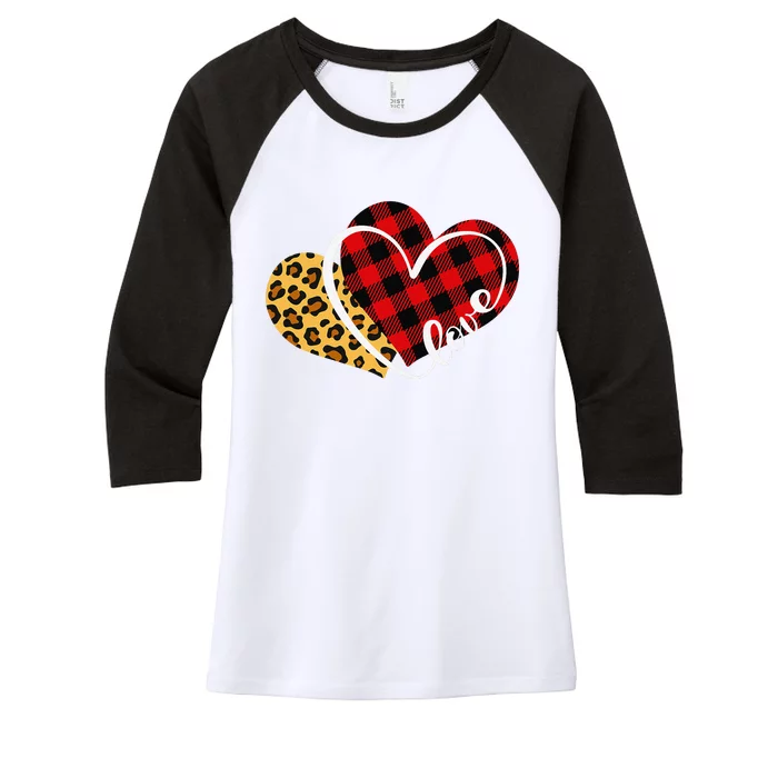 Leopard Plaid Love Heart Valentines Day For Women Teen Women's Tri-Blend 3/4-Sleeve Raglan Shirt