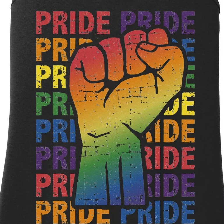 LGBT Pride Month Support With Rainbow Flag Fist Ladies Essential Tank