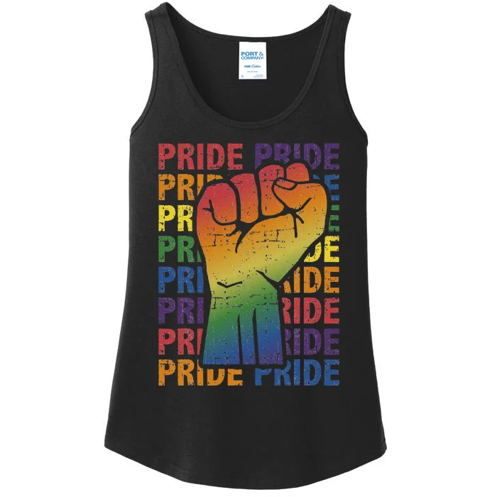 LGBT Pride Month Support With Rainbow Flag Fist Ladies Essential Tank