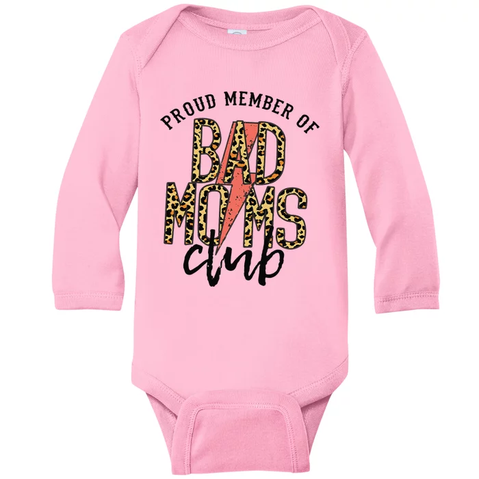 Leopard Proud Member Of Bad Moms Club Lightning Bolt Western Baby Long Sleeve Bodysuit