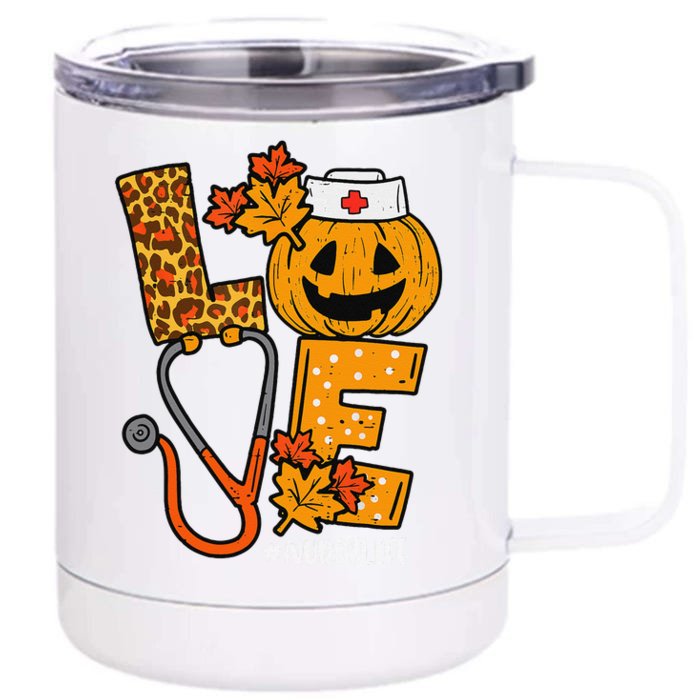 Love Pumpkin Nurse Halloween Costume Fall Scrub Top Gift Front & Back 12oz Stainless Steel Tumbler Cup