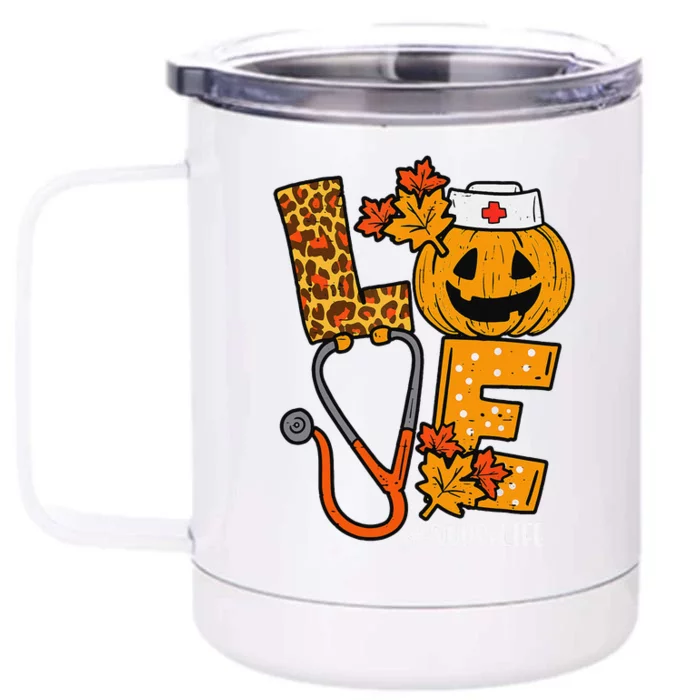 Love Pumpkin Nurse Halloween Costume Fall Scrub Top Gift Front & Back 12oz Stainless Steel Tumbler Cup