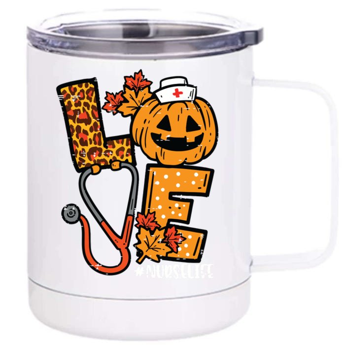 Leopard Pumpkin Nurse Halloween Costume Fall Scrub Top Women Front & Back 12oz Stainless Steel Tumbler Cup