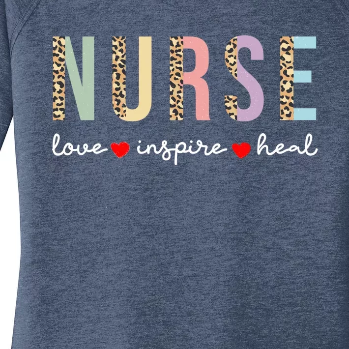 Leopard Print Nurse Love Inspire Heal Cool Gift Women's Perfect Tri Tunic Long Sleeve Shirt