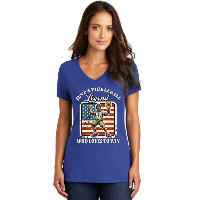 Legendary Pickleball Player Us Flag Pickleball Cute Gift Women's V-Neck T-Shirt