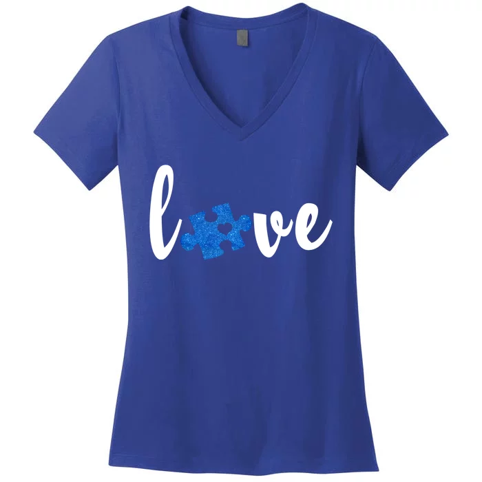 Love Puzzle Pieces Heart Autism Awareness Funny Gift Women's V-Neck T-Shirt