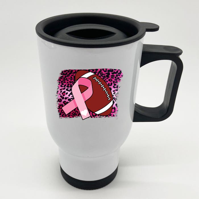 Leopard Pink Ribbon Breast Cancer Football Front & Back Stainless Steel Travel Mug