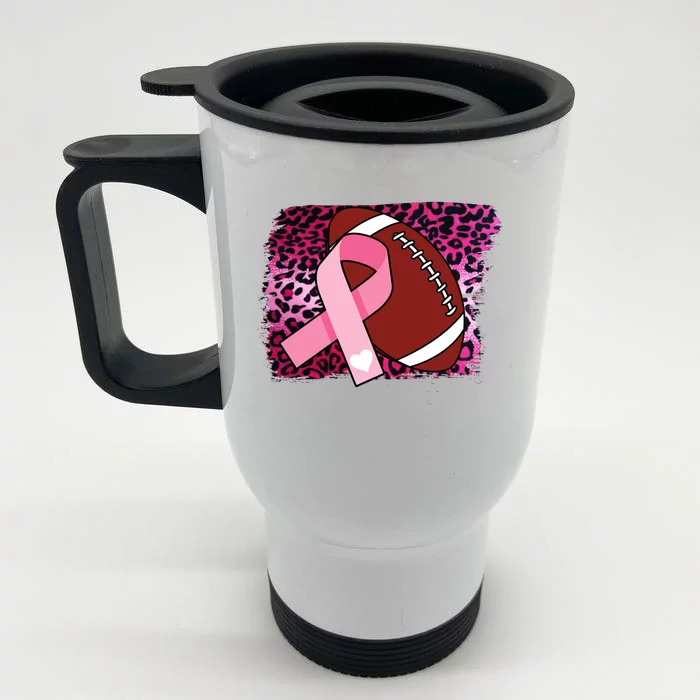 Leopard Pink Ribbon Breast Cancer Football Front & Back Stainless Steel Travel Mug