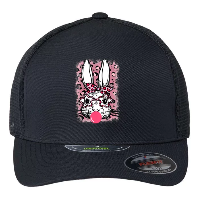 Leopard Print Rabbit Bunny Blowing Bubble Gum Easter Day Gift Flexfit Unipanel Trucker Cap