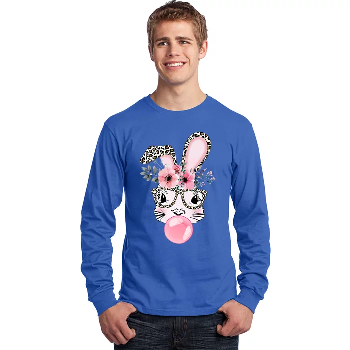 Leopard Print Rabbit Bunny Blowing Bubble Gum Easter Day Gift Long Sleeve Shirt