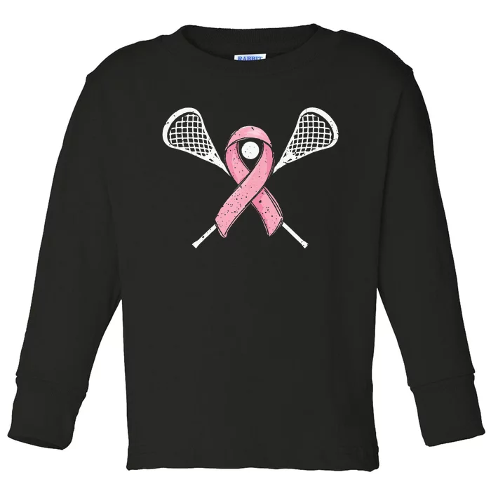 Lacrosse Pink Ribbon Breast Cancer Awareness Sport Lover Toddler Long Sleeve Shirt