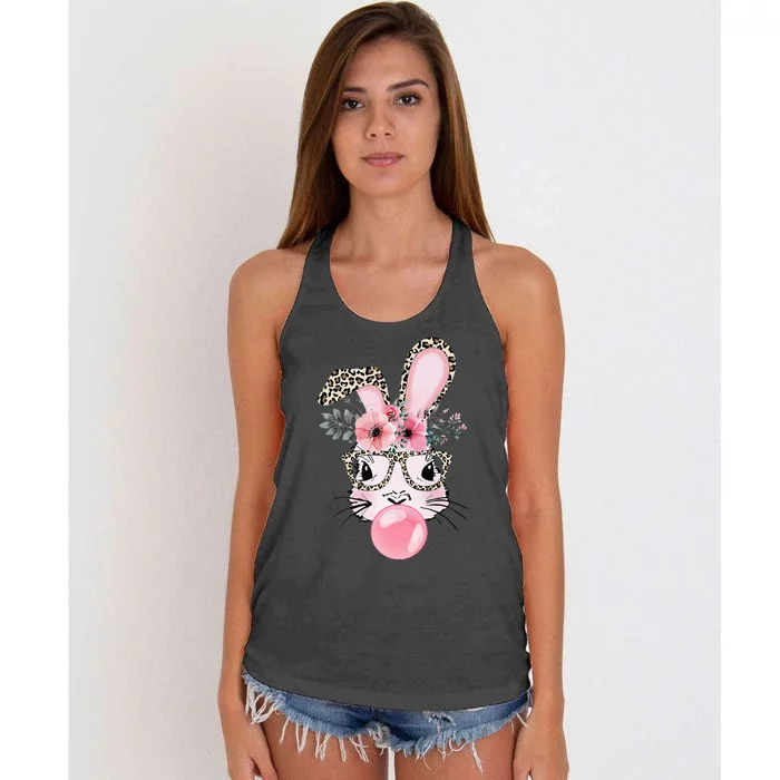 Leopard Print Rabbit Bunny Blowing Bubble Gum Easter Day Women's Knotted Racerback Tank