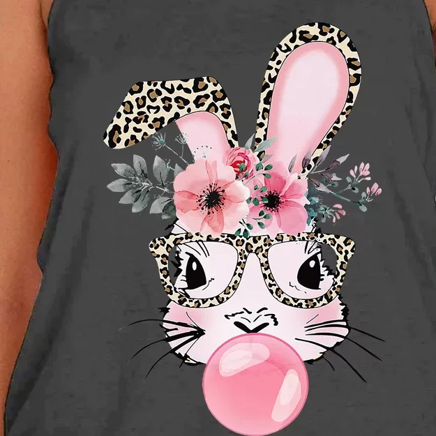 Leopard Print Rabbit Bunny Blowing Bubble Gum Easter Day Women's Knotted Racerback Tank