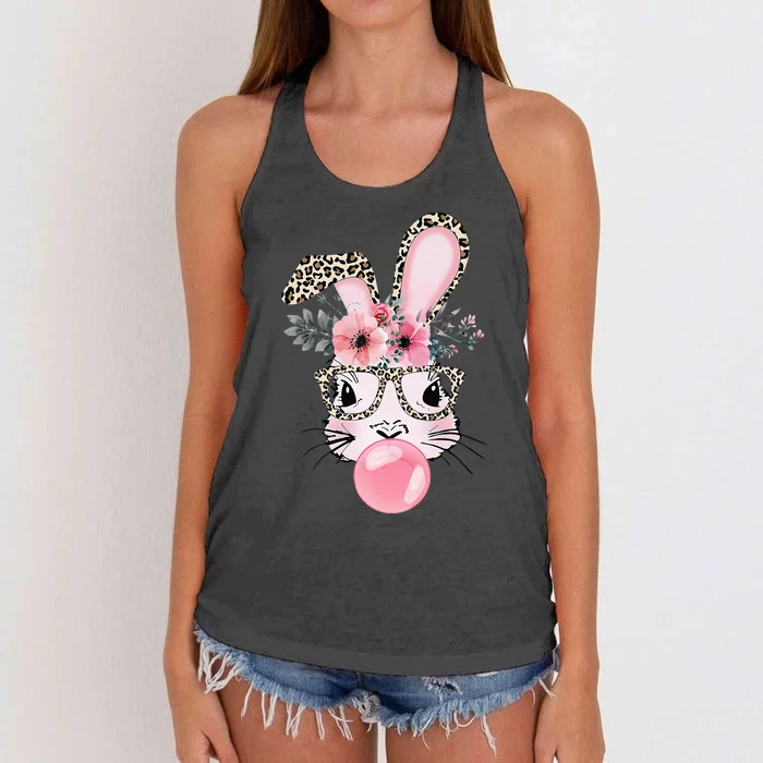 Leopard Print Rabbit Bunny Blowing Bubble Gum Easter Day Women's Knotted Racerback Tank