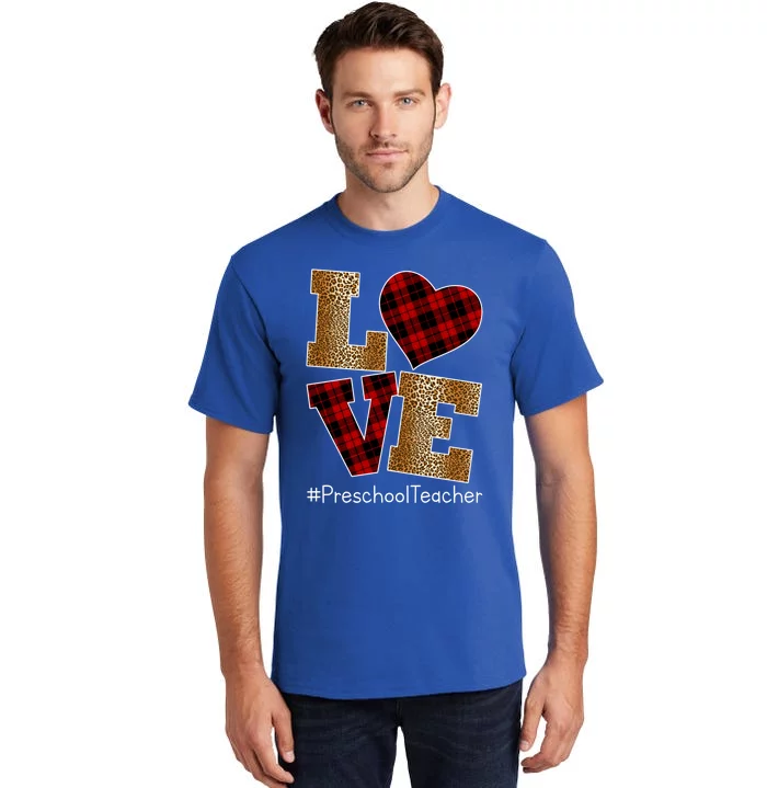 Love Plaid Red Leopard Preschool Teacher Valentines Day Gift Tall T-Shirt