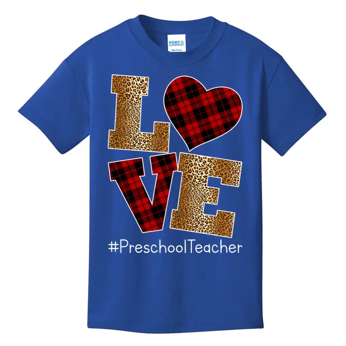 Love Plaid Red Leopard Preschool Teacher Valentines Day Gift Kids T-Shirt