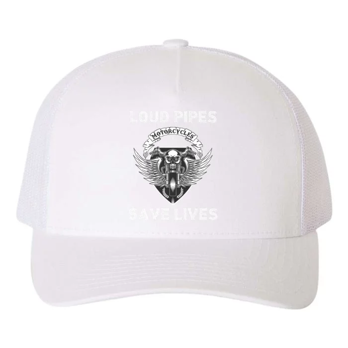 Loud Pipes Save Lives Motorcycle Skull Wing Design On Back Yupoong Adult 5-Panel Trucker Hat