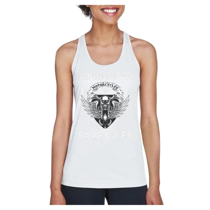 Loud Pipes Save Lives Motorcycle Skull Wing Design On Back Women's Racerback Tank