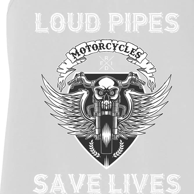 Loud Pipes Save Lives Motorcycle Skull Wing Design On Back Women's Racerback Tank