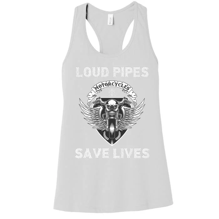 Loud Pipes Save Lives Motorcycle Skull Wing Design On Back Women's Racerback Tank