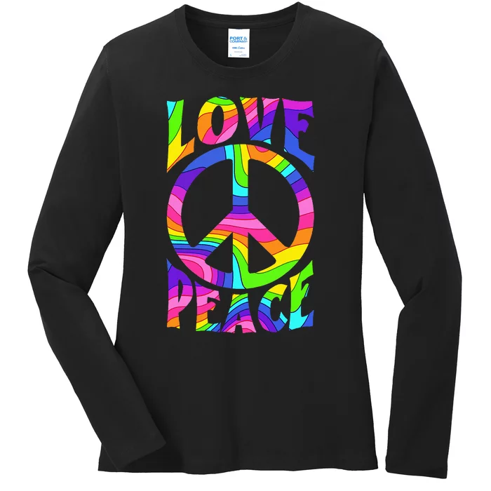 Love Peace Sign Tie Dye Colorful 80s Hippie Party Costume Ladies Long Sleeve Shirt