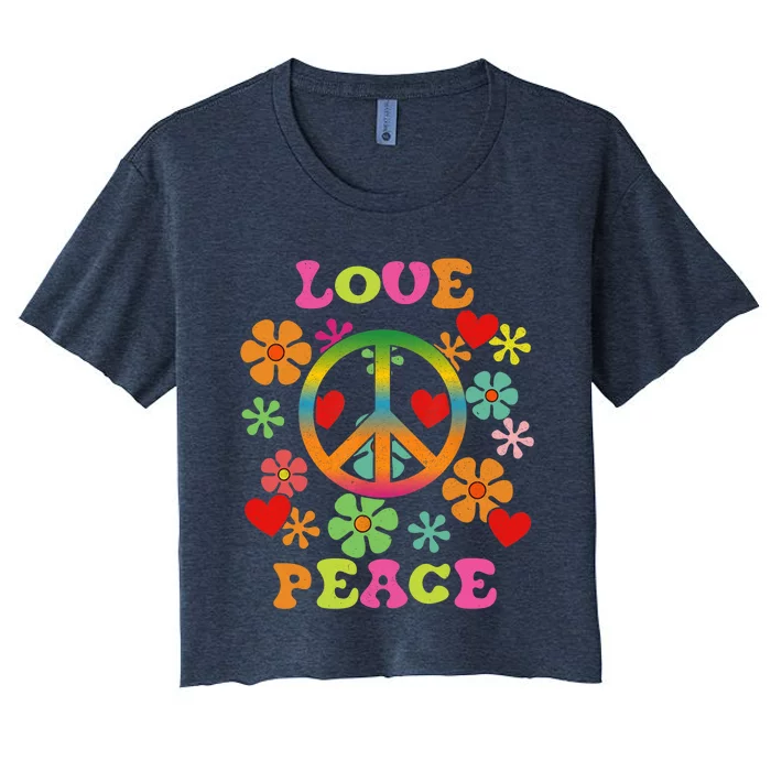 Love Peace Sign Colorful Flowers 60S 70S 80S Hippie Women's Crop Top Tee