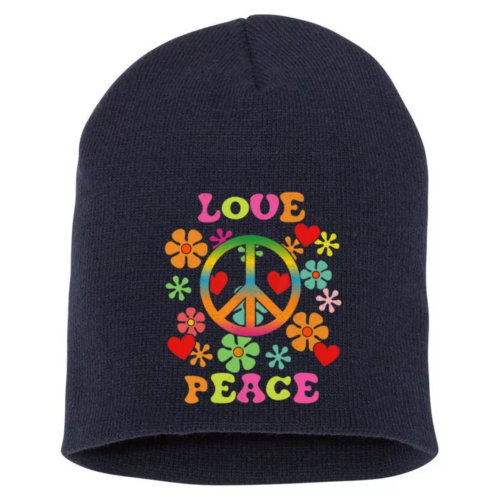 Love Peace Sign Colorful Flowers 60S 70S 80S Hippie Short Acrylic Beanie