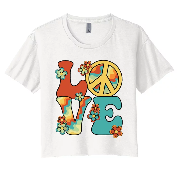 Love Peace Sign 60s 70s Costume Party Outfit Groovy Hippie Women's Crop Top Tee