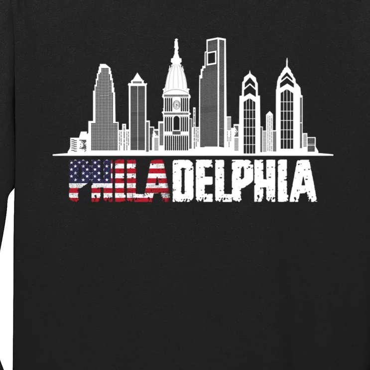 Love Philadelphia Skyline Downtown Cityscape Philly America Flag Long Sleeve Shirt