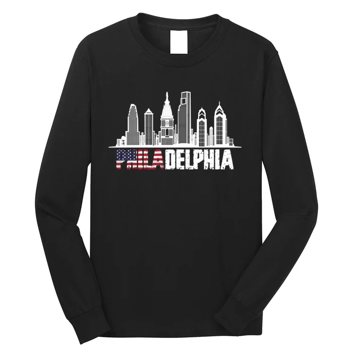 Love Philadelphia Skyline Downtown Cityscape Philly America Flag Long Sleeve Shirt