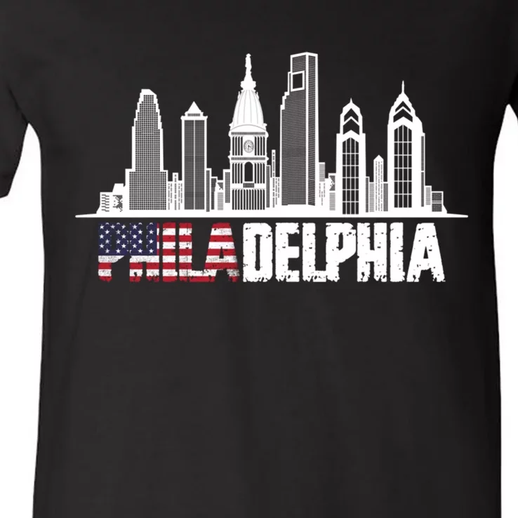 Love Philadelphia Skyline Downtown Cityscape Philly America Flag V-Neck T-Shirt