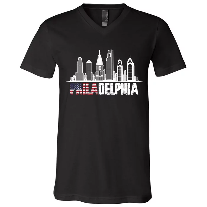 Love Philadelphia Skyline Downtown Cityscape Philly America Flag V-Neck T-Shirt