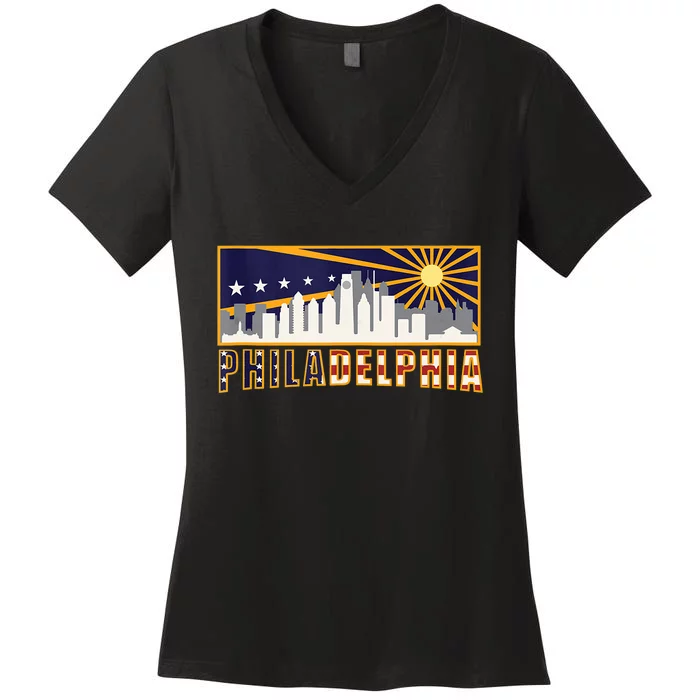 Love Philadelphia Skyline Downtown Cityscape Philly Souvenir Women's V-Neck T-Shirt