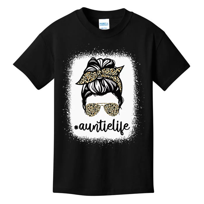 Leopard Print Sunglasses Auntie Life Messy Bun Mother's Day Kids T-Shirt