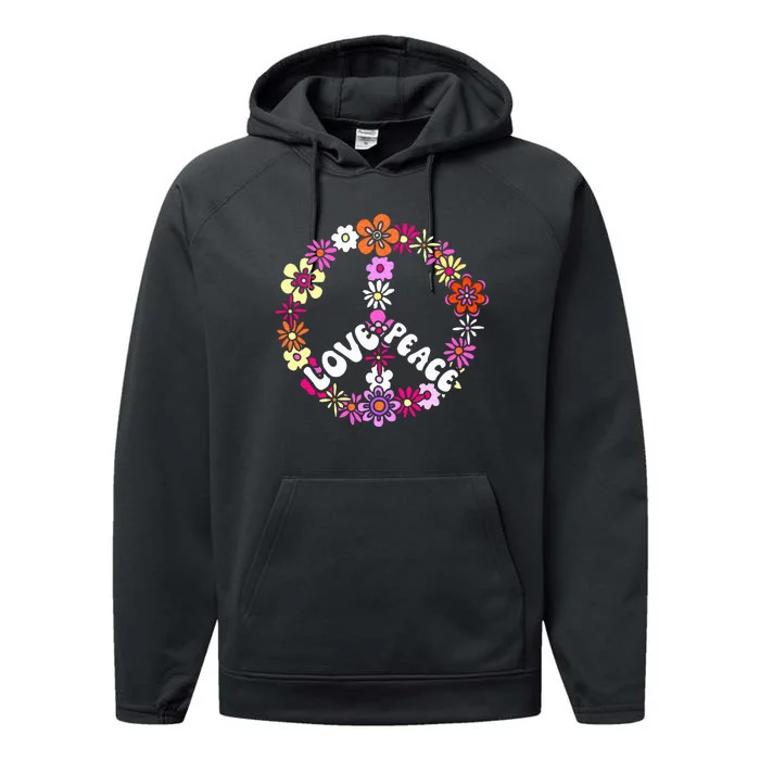 Love Peace Sign 60s Retro Peace 60s Hippie Flower Peace Performance Fleece Hoodie