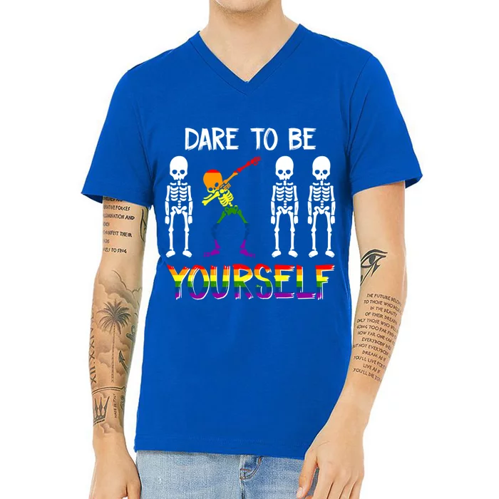 Lgbt Pride Skeleton Dabbing Dare To Be Yourself Outfit Gift V-Neck T-Shirt