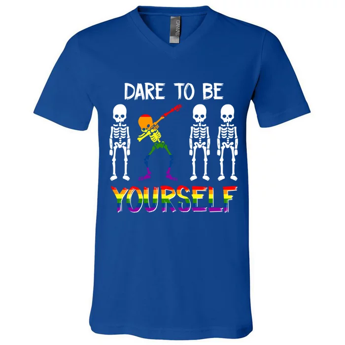 Lgbt Pride Skeleton Dabbing Dare To Be Yourself Outfit Gift V-Neck T-Shirt