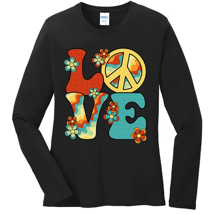 Love Peace Sign 60s 70s Costume Party Outfit Groovy Hippie Ladies Long Sleeve Shirt