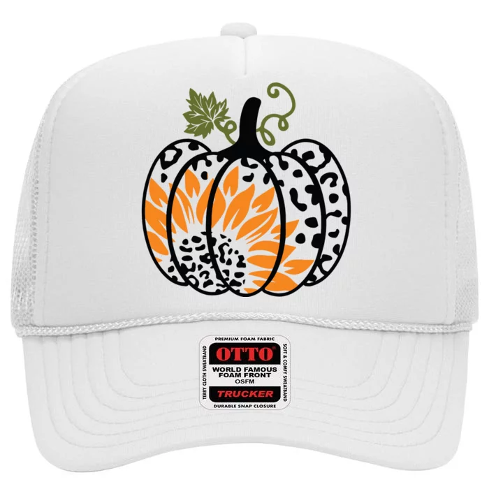 Leopard Pumpkin Sunflower Fall Autumn Halloween Thanksgiving High Crown Mesh Trucker Hat