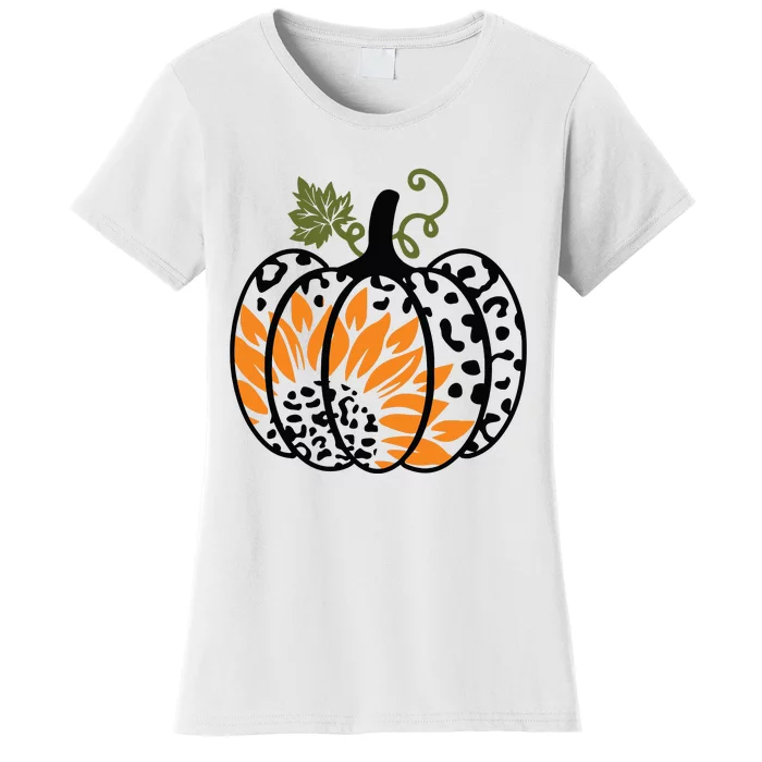 Leopard Pumpkin Sunflower Fall Autumn Halloween Thanksgiving Women's T-Shirt