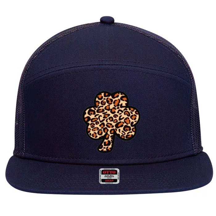 Leopard Print Shamrock Clover Saint Patrick's Day Irish Gift 7 Panel Mesh Trucker Snapback Hat