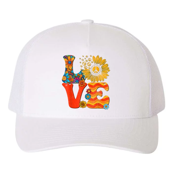 Love Peace Sign 60s 70s Costume Party Outfit Groovy Hippie Yupoong Adult 5-Panel Trucker Hat