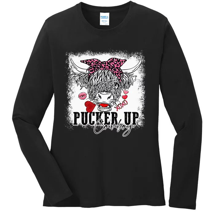 Leopard Pucker Up Cow Highland Cow animal Ladies Long Sleeve Shirt