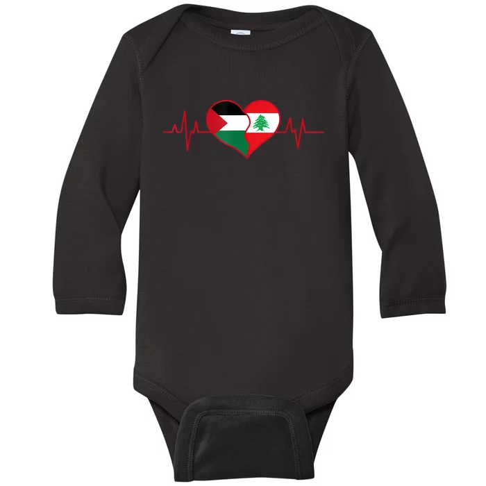 Lebanon Palestine Unity Heartbeat Lebanese Palestinian Flag Baby Long Sleeve Bodysuit