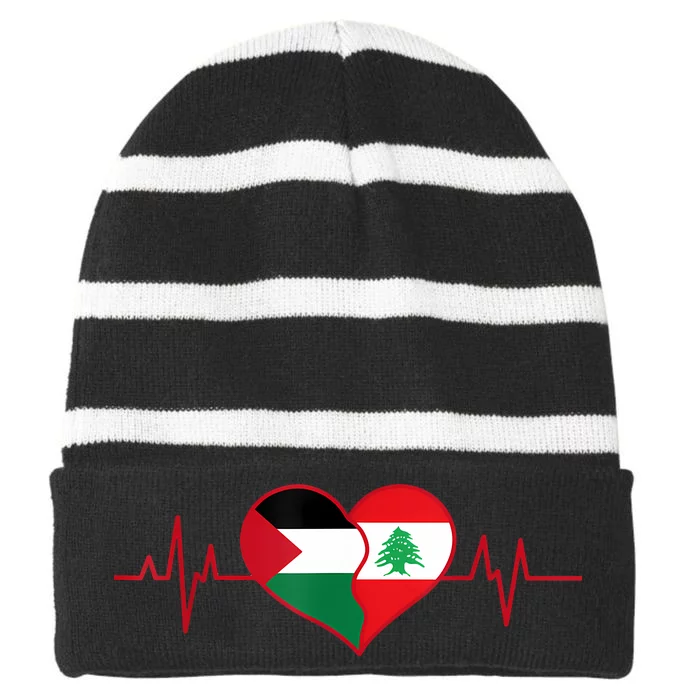 Lebanon Palestine Unity Heartbeat Lebanese Palestinian Flag Striped Beanie with Solid Band