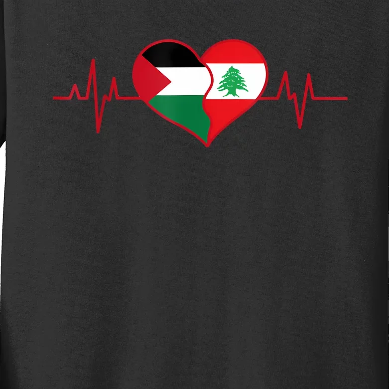 Lebanon Palestine Unity Heartbeat Lebanese Palestinian Flag Kids Long Sleeve Shirt