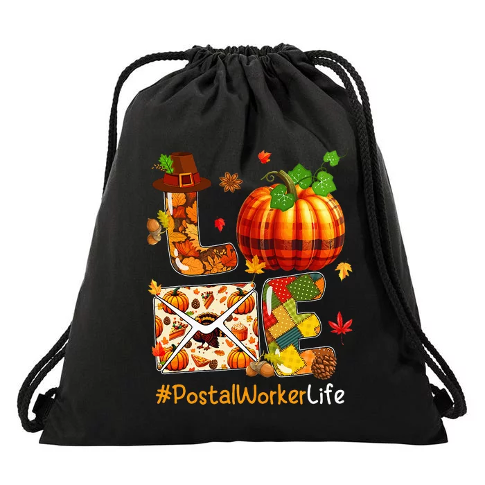 Love Postal Worker Thanksgiving Job Team Pumpkins Colorful Drawstring Bag