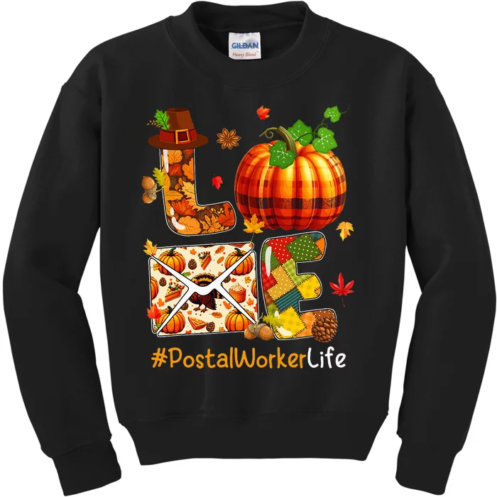 Love Postal Worker Thanksgiving Job Team Pumpkins Colorful Kids Sweatshirt